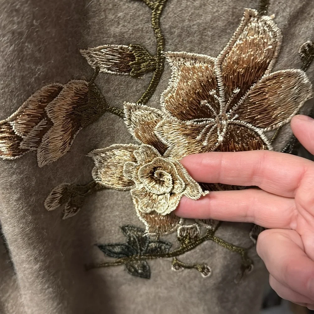 Embroidered 3D Floral Tan Wool Scarf, new
